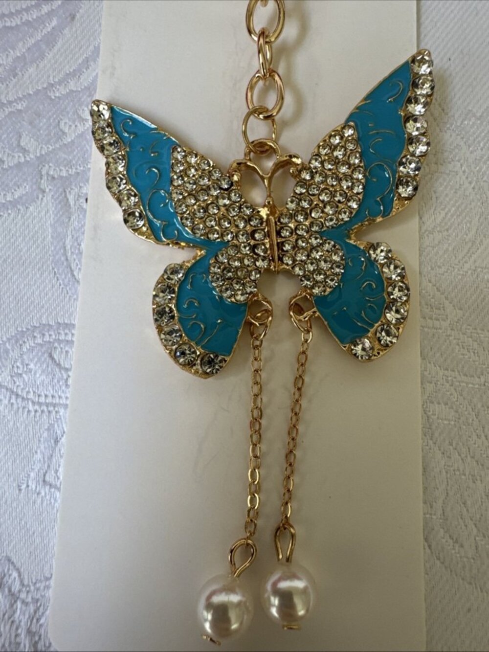 Bag Keychain Blue Gold Butterfly Rhinestone Bag Charm Pearl Keyring NEW